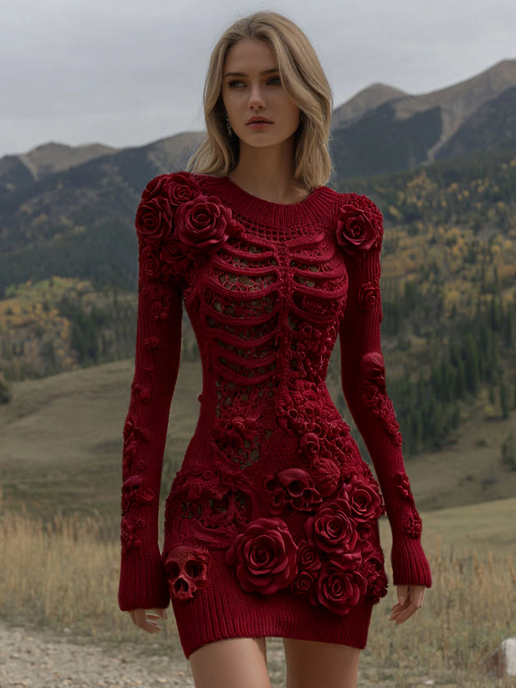 Comstylish Women's Vintage Halloween Skeleton Skull With Rose Art Cozy Sweater Dress