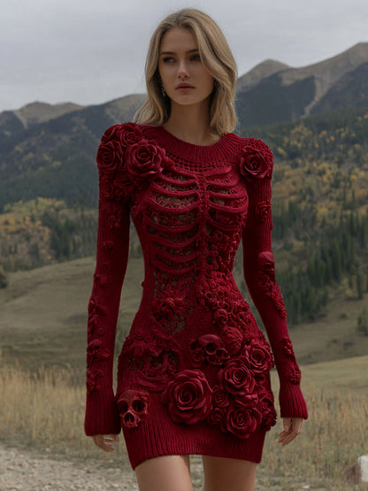 Comstylish Women's Vintage Halloween Skeleton Skull With Rose Art Cozy Sweater Dress