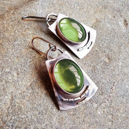 Green Inlaid Glass Silver Colored Earrings