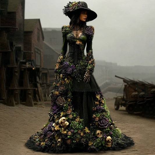 Comstylish Vintage Halloween Floral & Skull Linen Maxi Dress