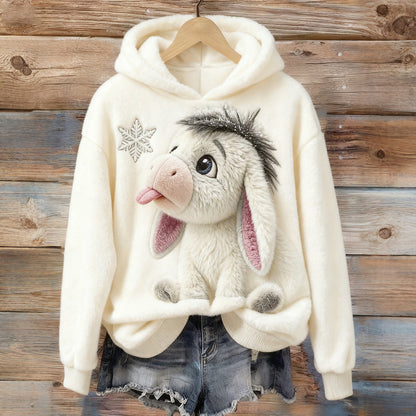 Cute Baby Donkey & Snowflake Embroidered Cozy Plush Hoodie artswardrobe