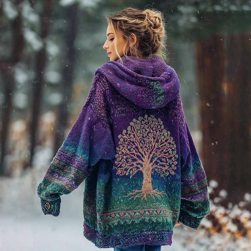 Comstylish Women's Viking Life Of Tree Art Knit Cozy Hooded Cardigan