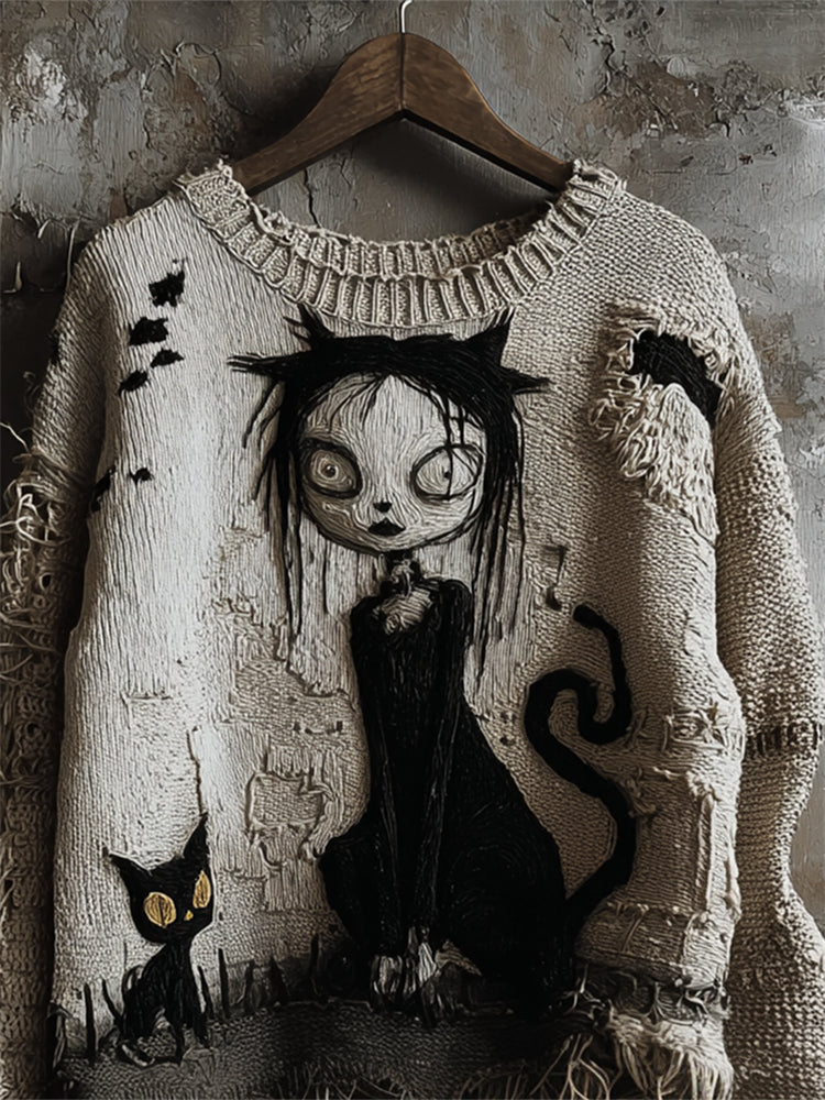 Halloween Gothic Girl & Black Cat Knit Art Cozy Sweater elevenforest