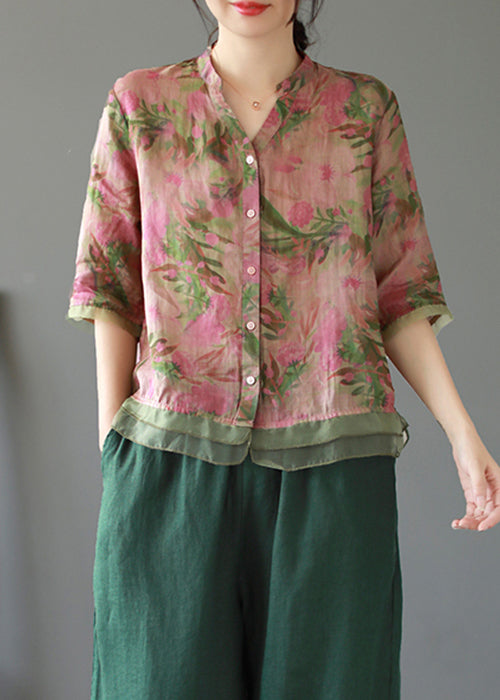 Lotus Root Pink Color Print Button Linen Shirt Summer