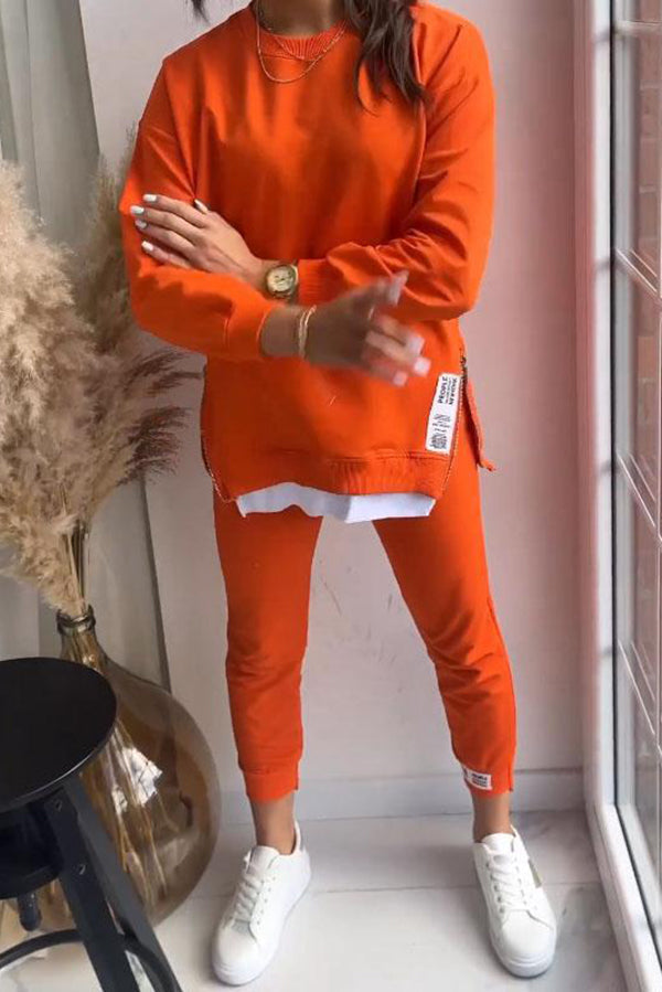 Color Round Neck Long-sleeved Sweatshirt and Elastic Waist Pants Set