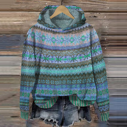 Cotton Hoodie with Multi-Colored Fair Isle Pattern