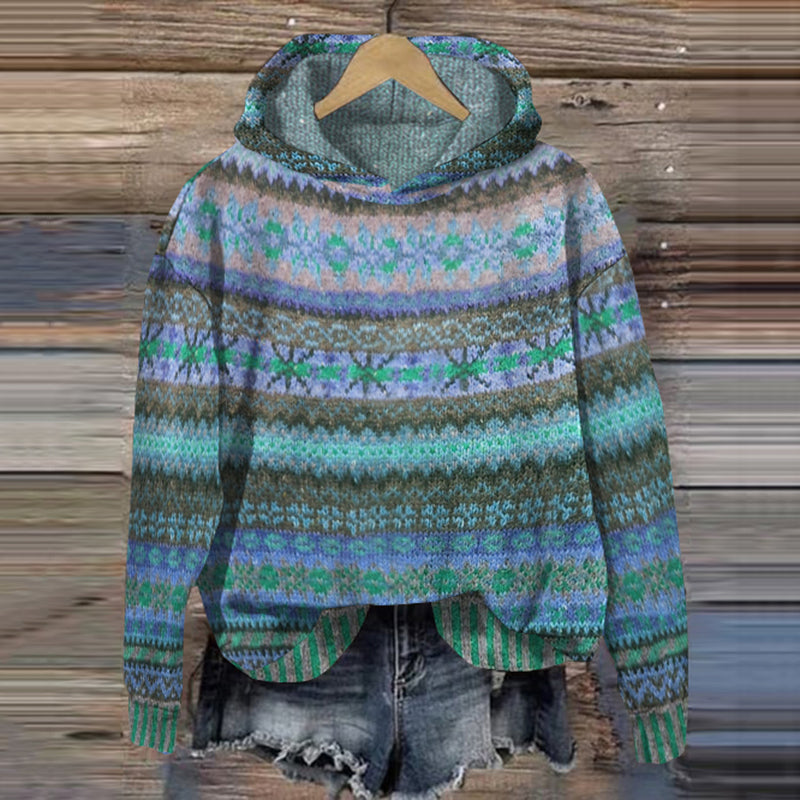 Cotton Hoodie with Multi-Colored Fair Isle Pattern