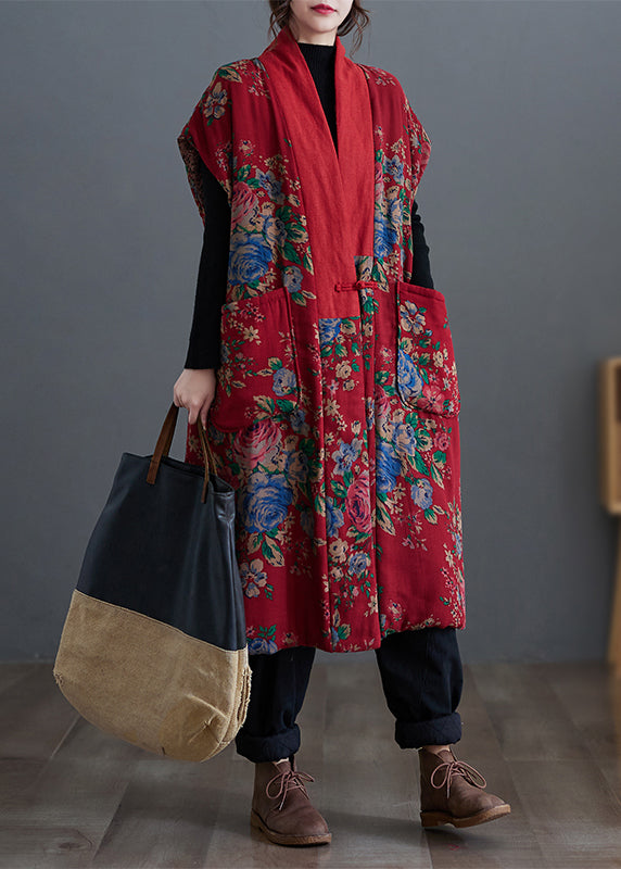 Original Style Red V Neck Print Pockets Fine Cotton Filled Vest Winter