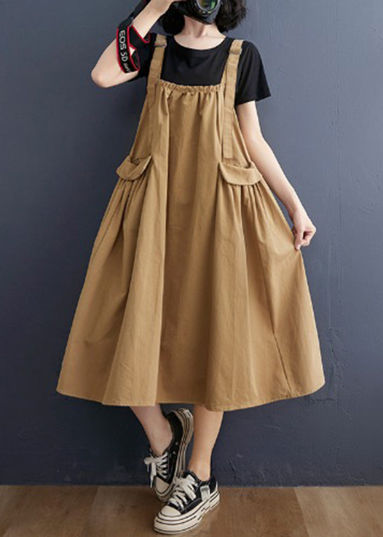 Khaki Wrinkled Pockets Strap Dress Summer