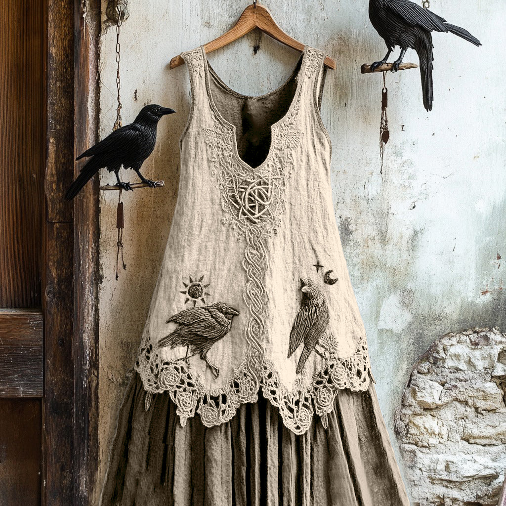 Women's Tribal Raven Embroidery Celtic Lace Art Tank Dress artswardrobe
