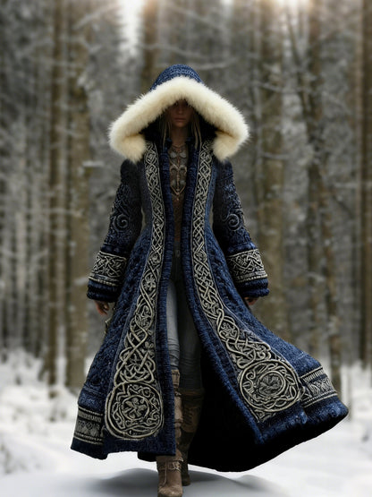 Comstylish Women's Viking Celtic Knot Knitted Jacquard Cozy Fur Trim Hooded Cardigan