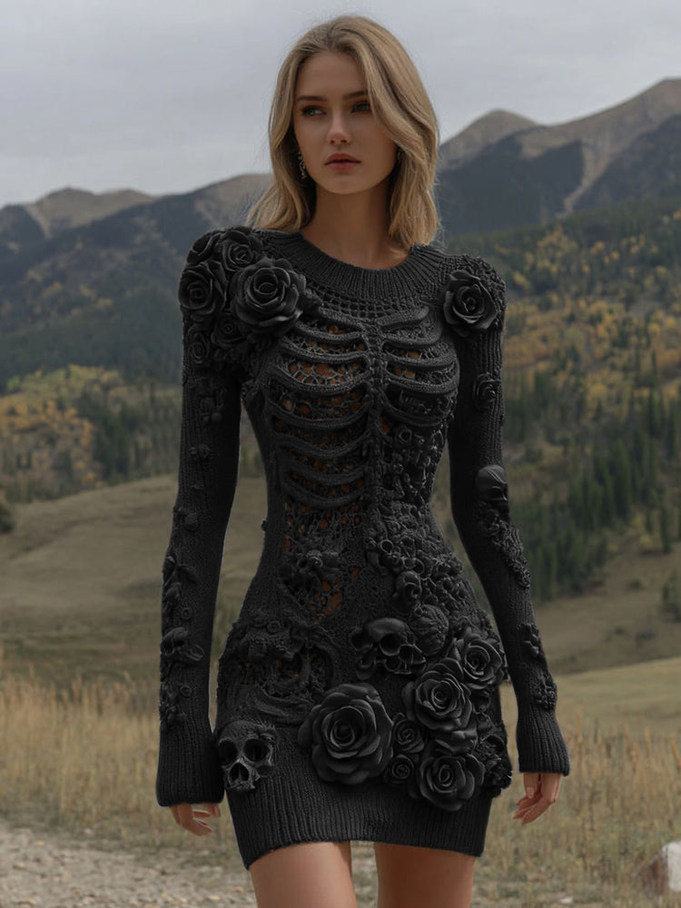 Comstylish Women's Vintage Halloween Skeleton Skull With Rose Art Cozy Sweater Dress