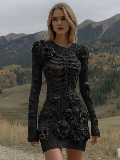 Comstylish Women's Vintage Halloween Skeleton Skull With Rose Art Cozy Sweater Dress