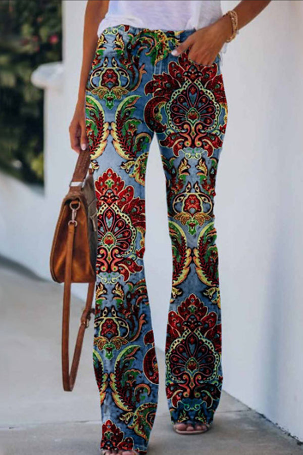 High-waisted flared trousers in faux print