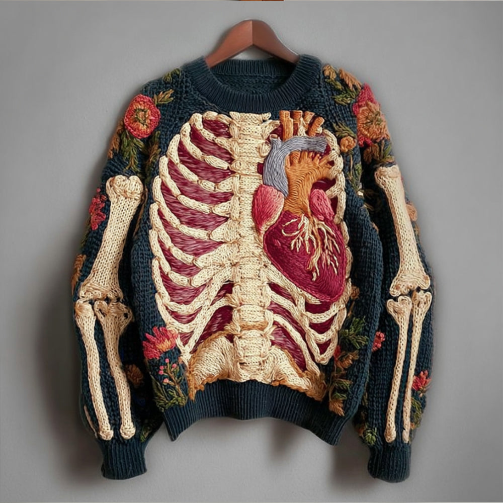 Comstylish Vintage Halloween Human Anatomy Art And Floral Round Neck Sweater