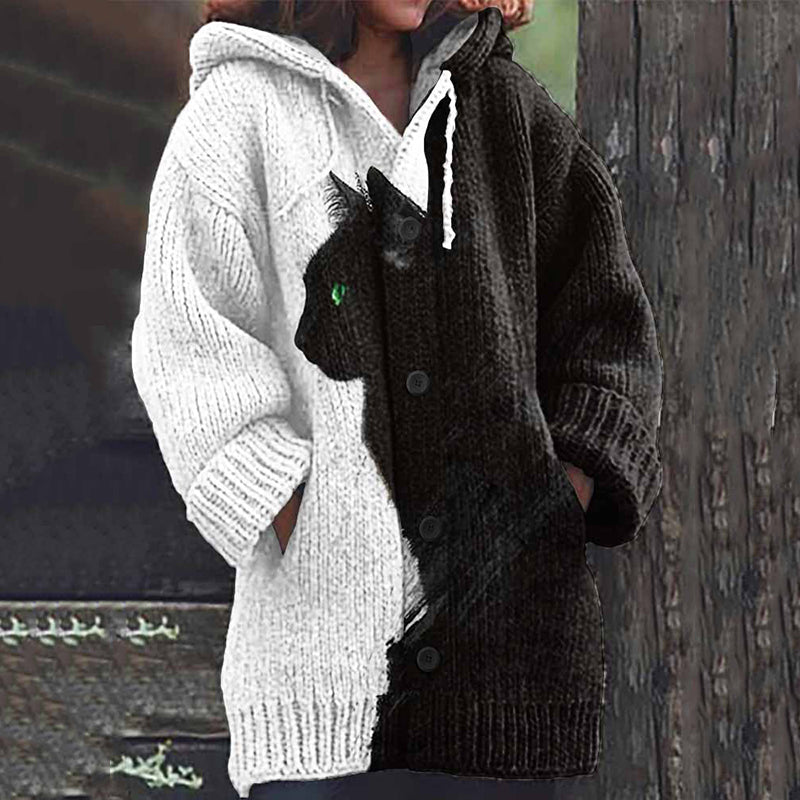 Black Cat Pattern Women's Hooded Cardigan elevenforest
