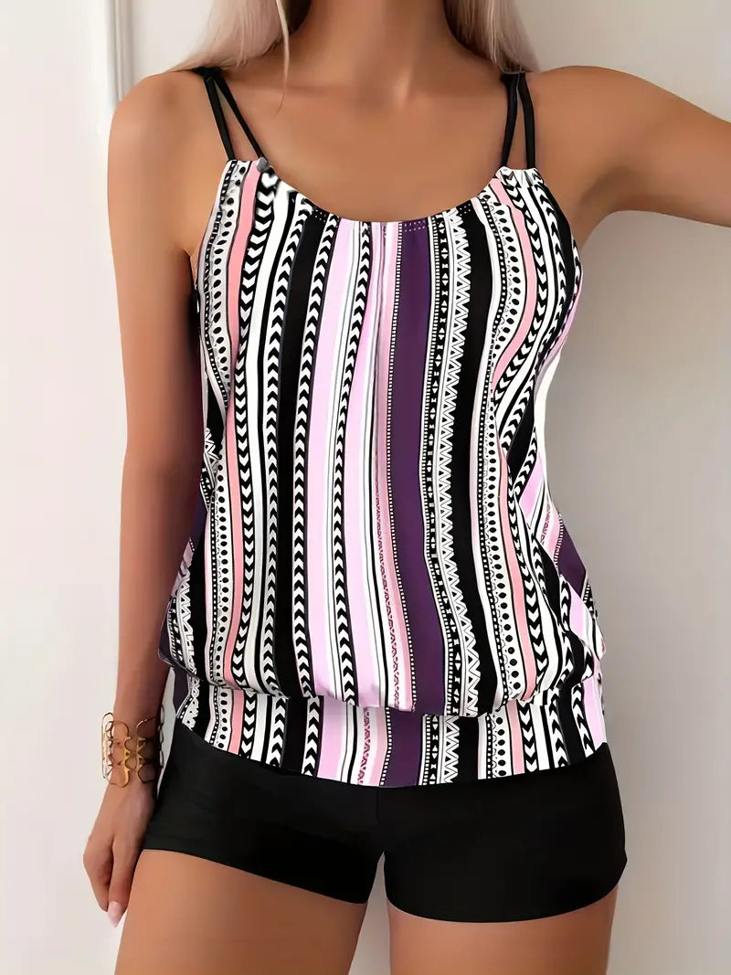 Striped printed tankini