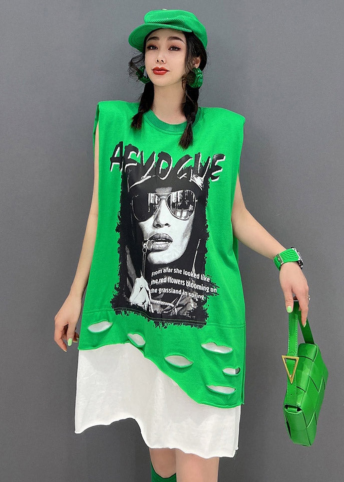 Green O-neck Print Patchwork Dress Sleeveless