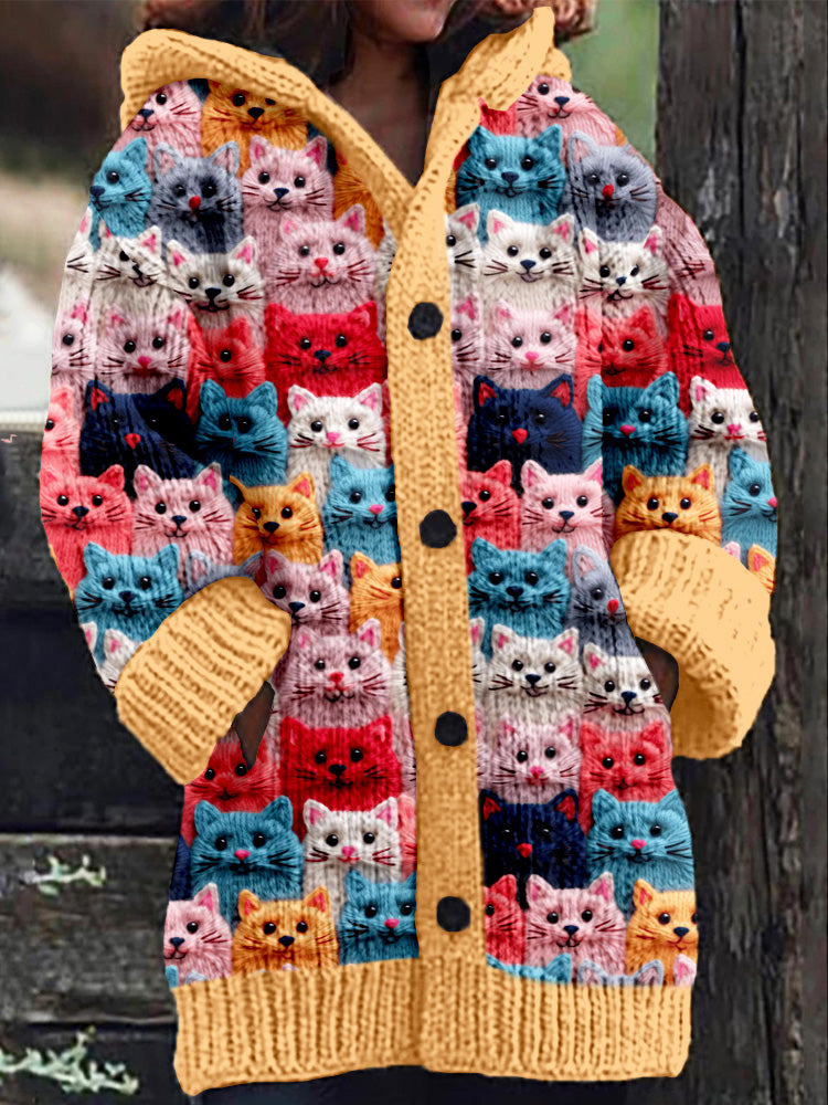 Knitted coat with button placket and playful cat print