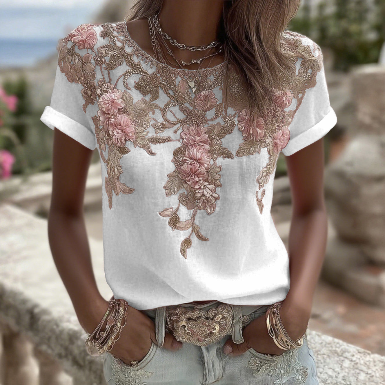 Women's Vintage Pink Rose Embroidery Art Round Neck Short Sleeve Linen Blend T-shirt artswardrobe