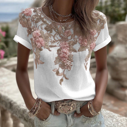 Women's Vintage Pink Rose Embroidery Art Round Neck Short Sleeve Linen Blend T-shirt artswardrobe