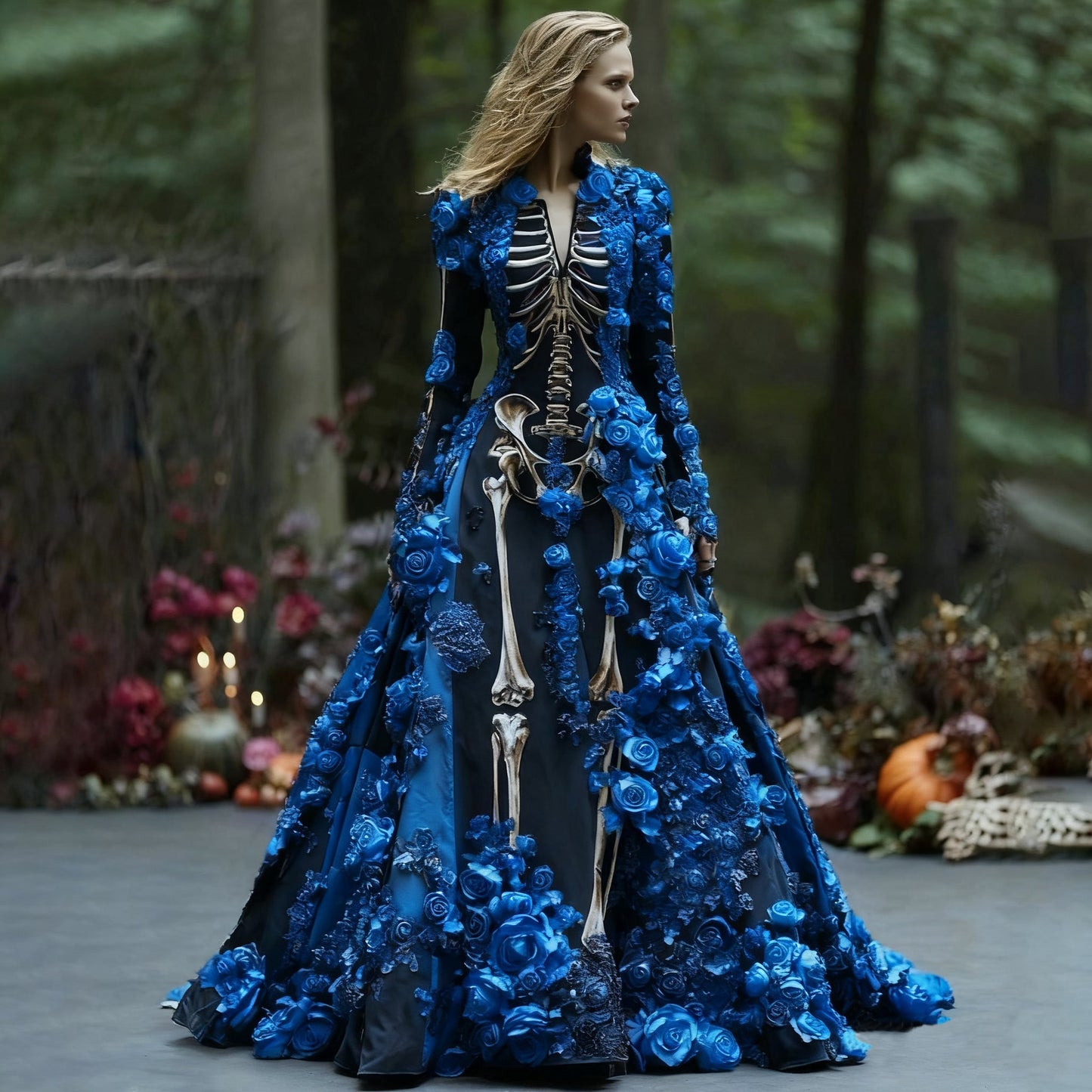 Comstylish Women's Elegant Retro Skull Flower Pattern V-neck Long Sleeve Maxi Dress
