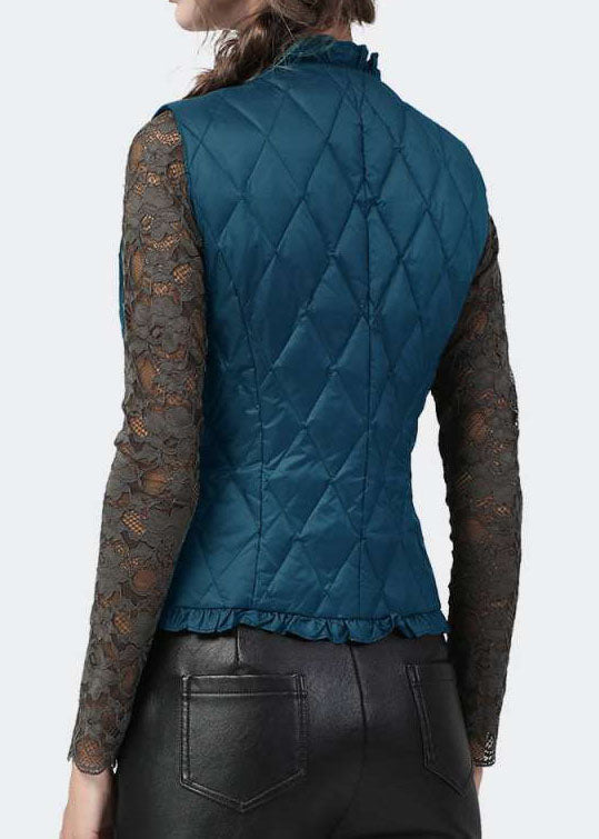 Black Button Ruffled V Neck Fine Cotton Filled Vest Spring