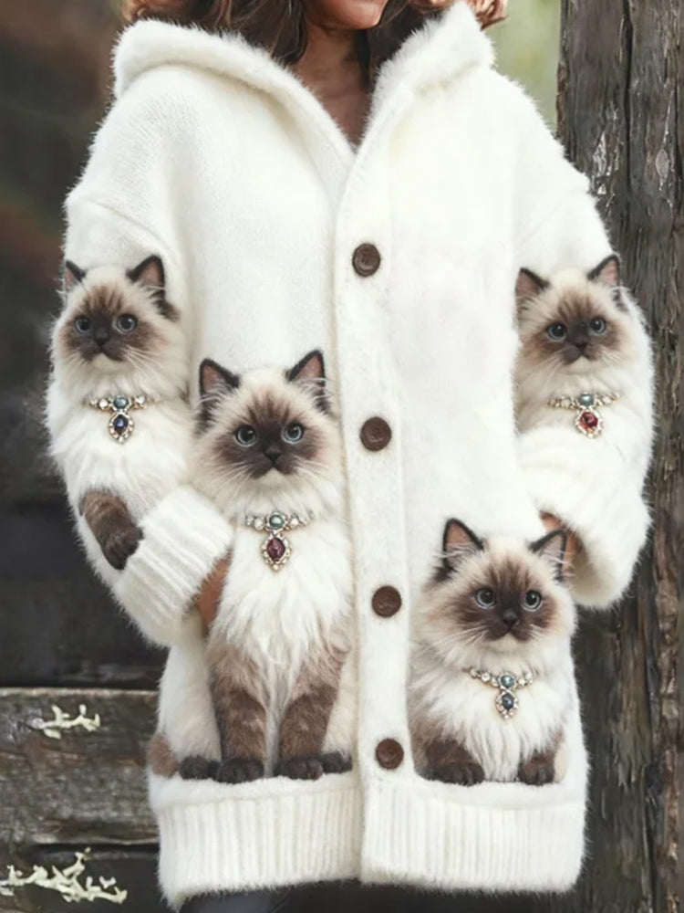 Cat Wearing Pearl Necklace Thick Hooded Cardigan Long Sweater elevenforest