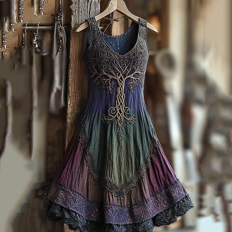 Women's Vintage  Viking Tree Of Life Gradient Linen Dress artswardrobe