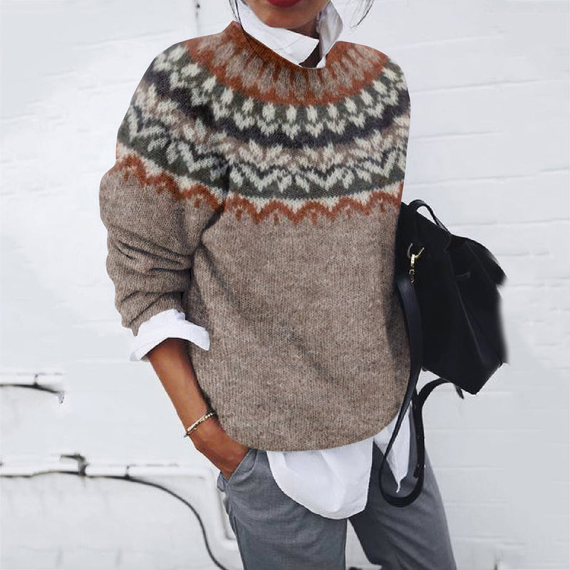 Wool Blend Crewneck Sweater with Rust and Charcoal Fair Isle Yoke Pattern