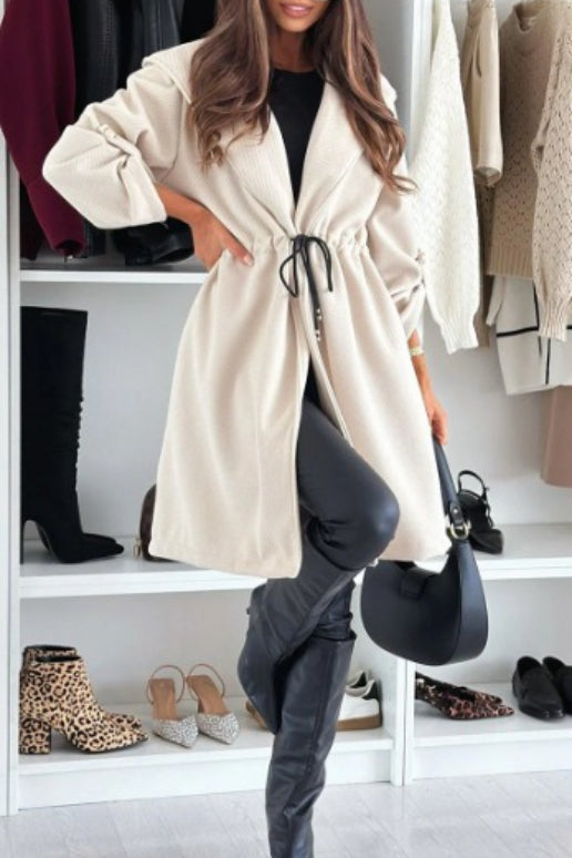 Tie Front Hooded Lapel Long Sleeve Coat