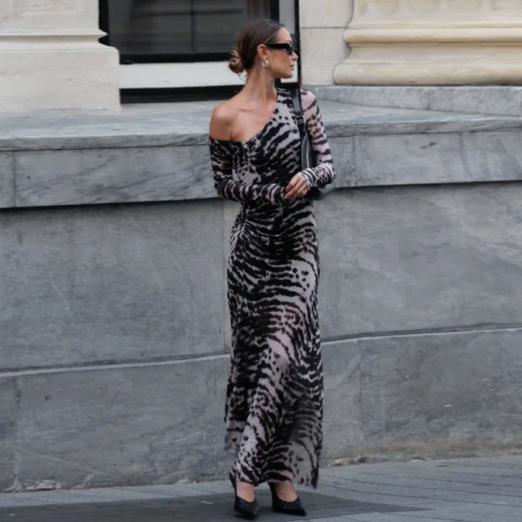 Zebra Pattern Print One Shoulder Design Cotton Long Dress Spring