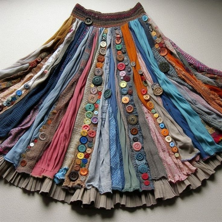 Boho Colorful Textile Flowy Linen Blend Wide Skirt artswardrobe