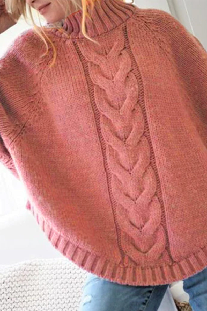 Cotton Cable Knit Turtleneck with Oversized Twisted Cable Panel