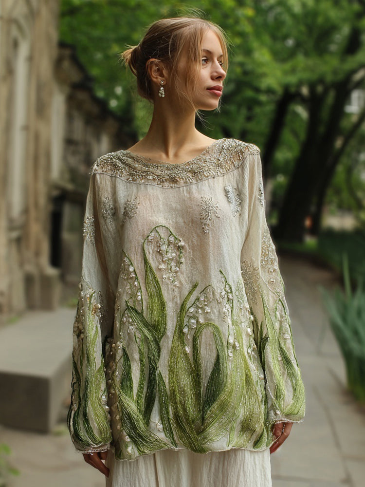 Comstylish Elegant Lily Of The Valley Embroidered Linen Tunic