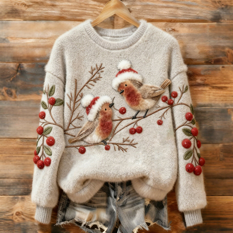 Cotton Sweater with Holiday Robins and Cherry Branches