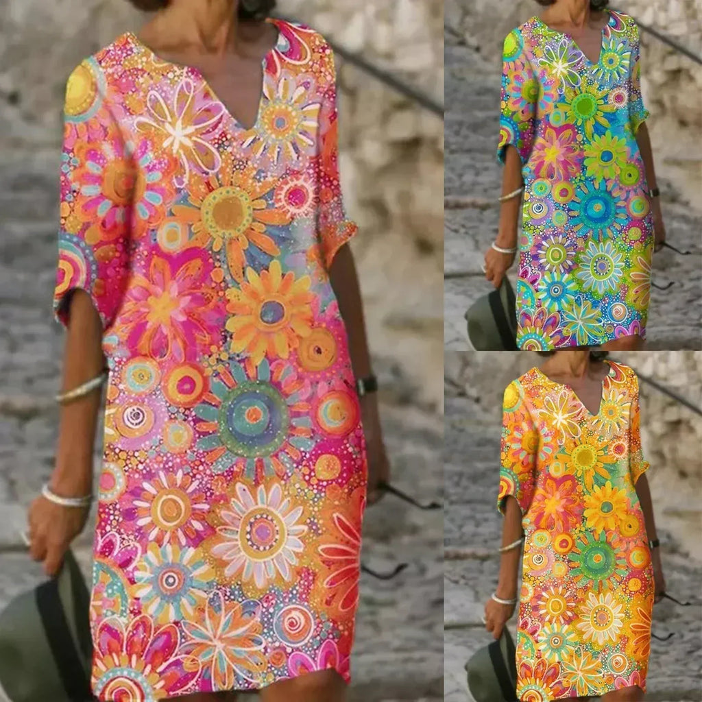 Midi dress with V-neck and floral pattern