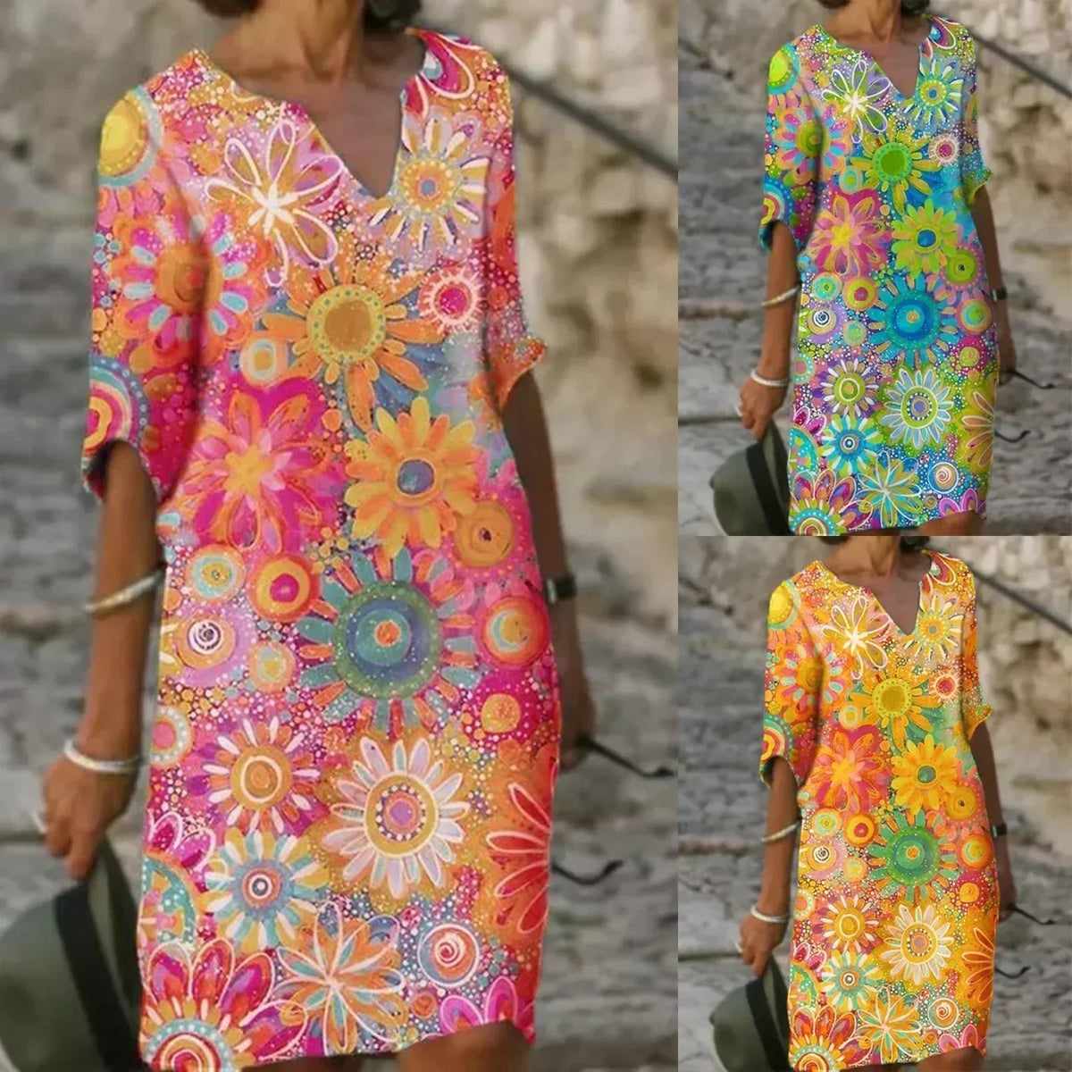 Midi dress with V-neck and floral pattern