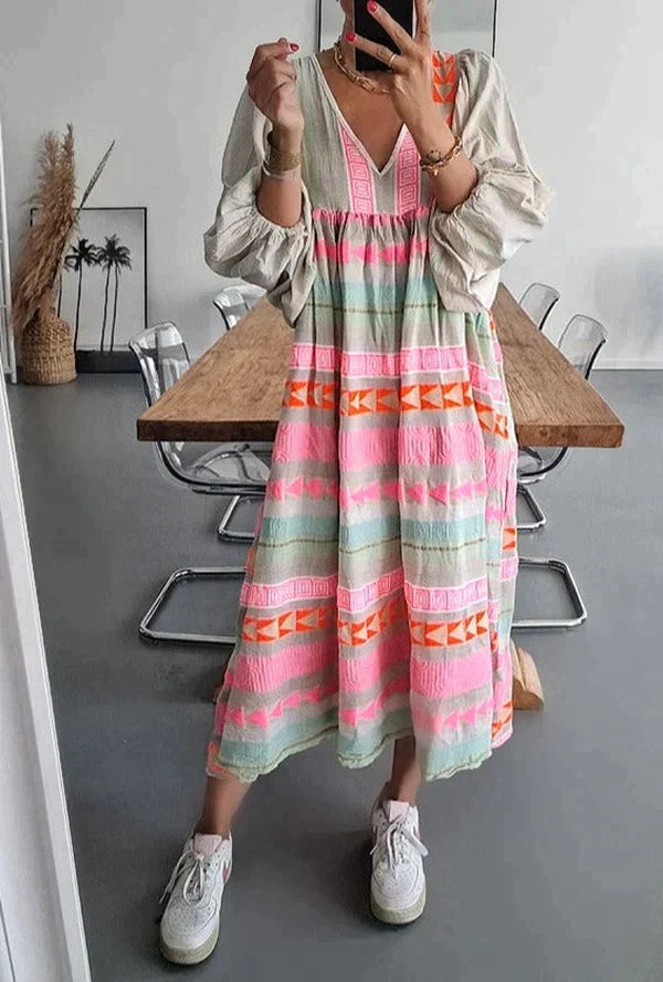 Maxi dress with long sleeves and a V-neck