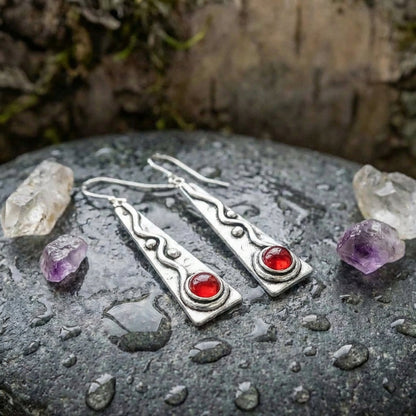 Artisan Silver Geometric Red Stone Earrings