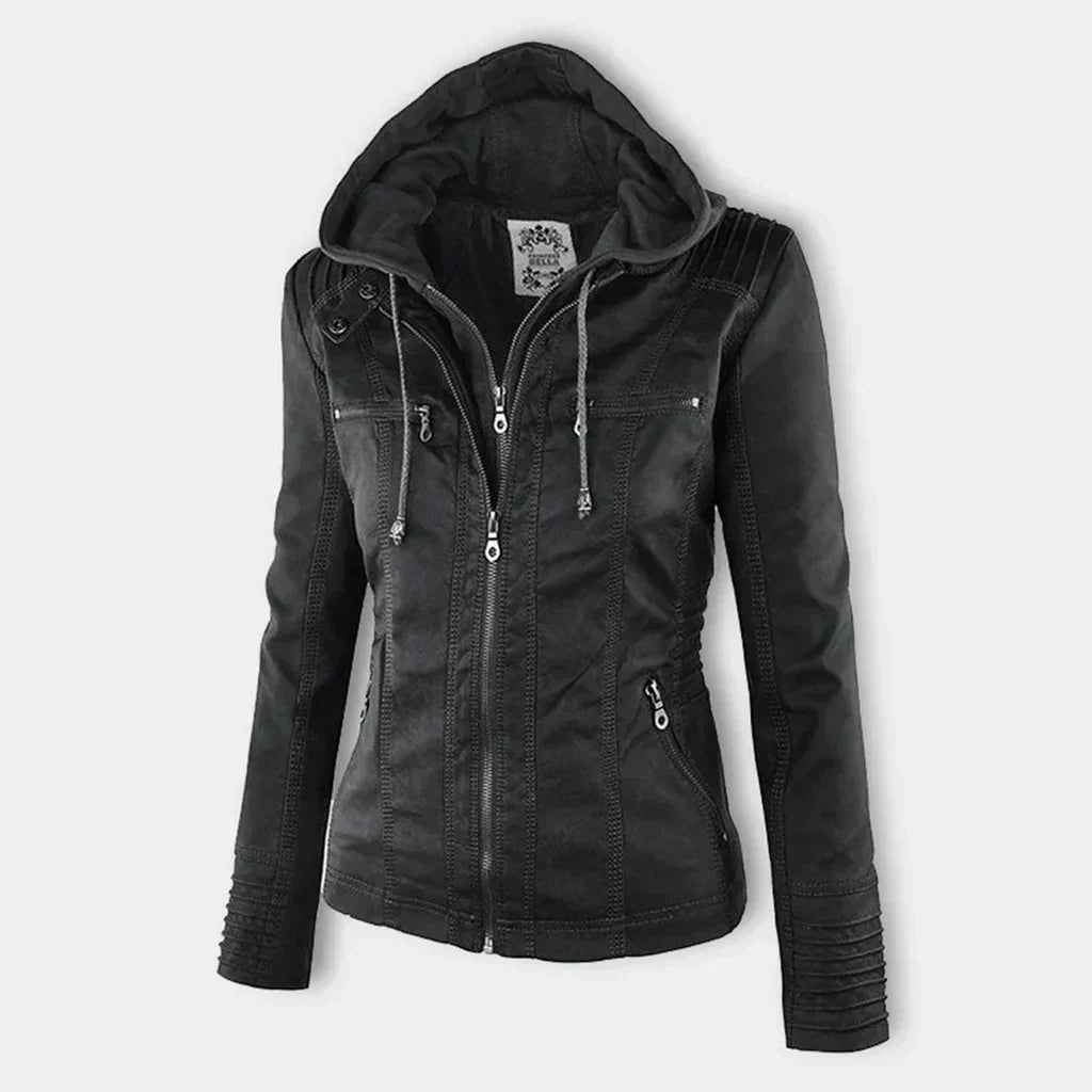 Women's leather jacket with hood