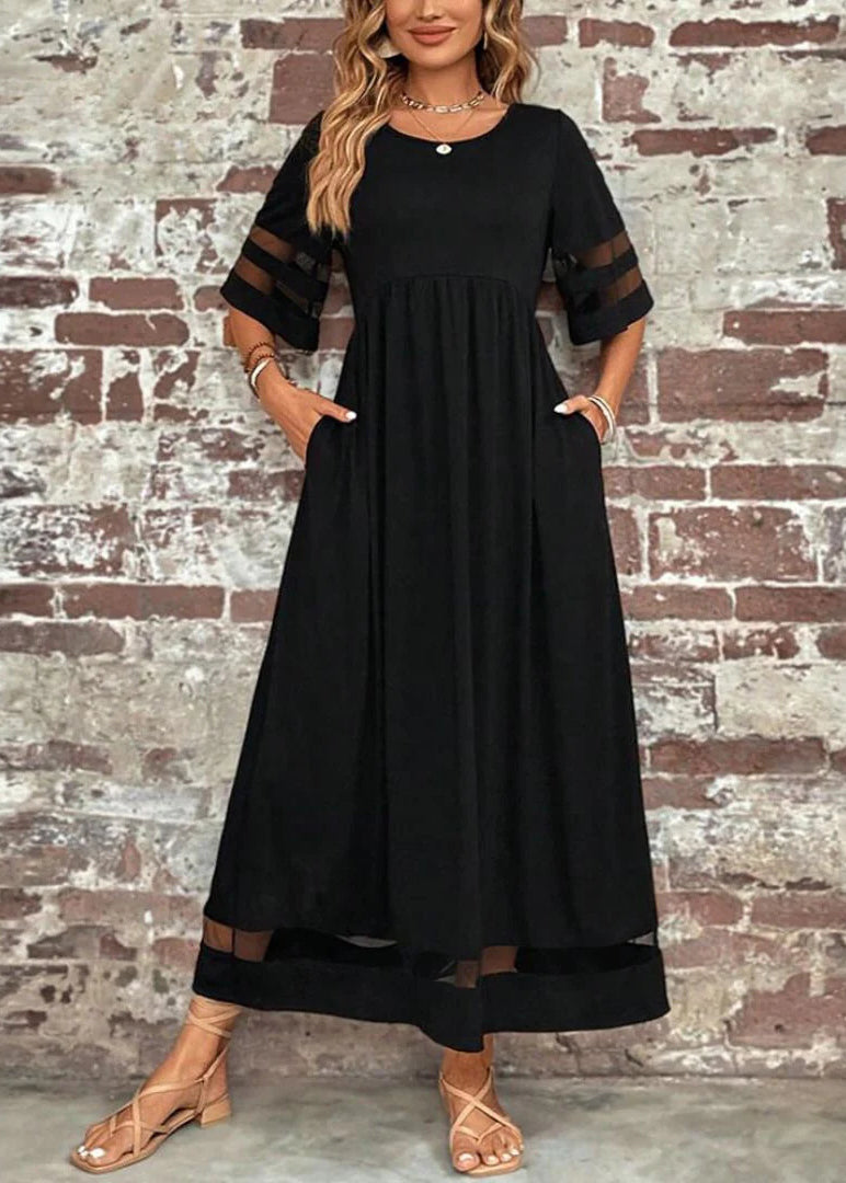 Black O-neck Tulle Patchwork Long Dress Summer