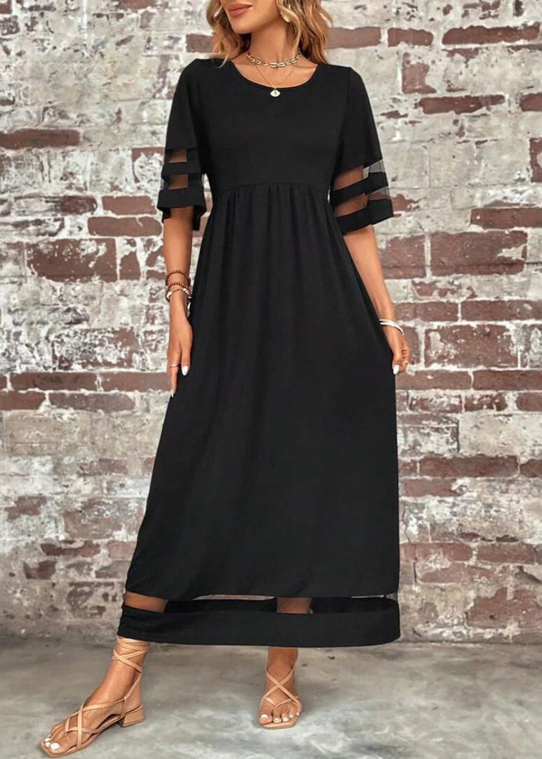 Black O-neck Tulle Patchwork Long Dress Summer