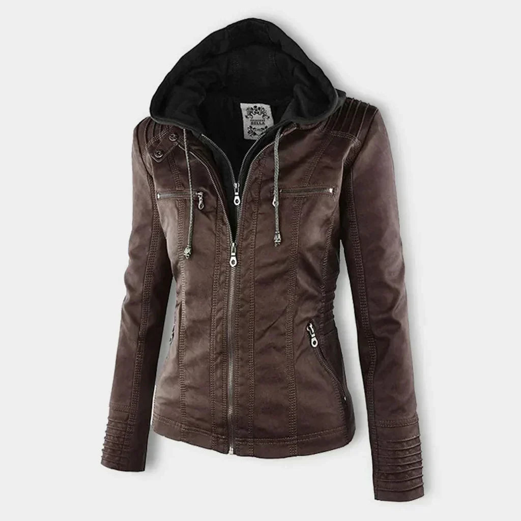 Women's leather jacket with hood
