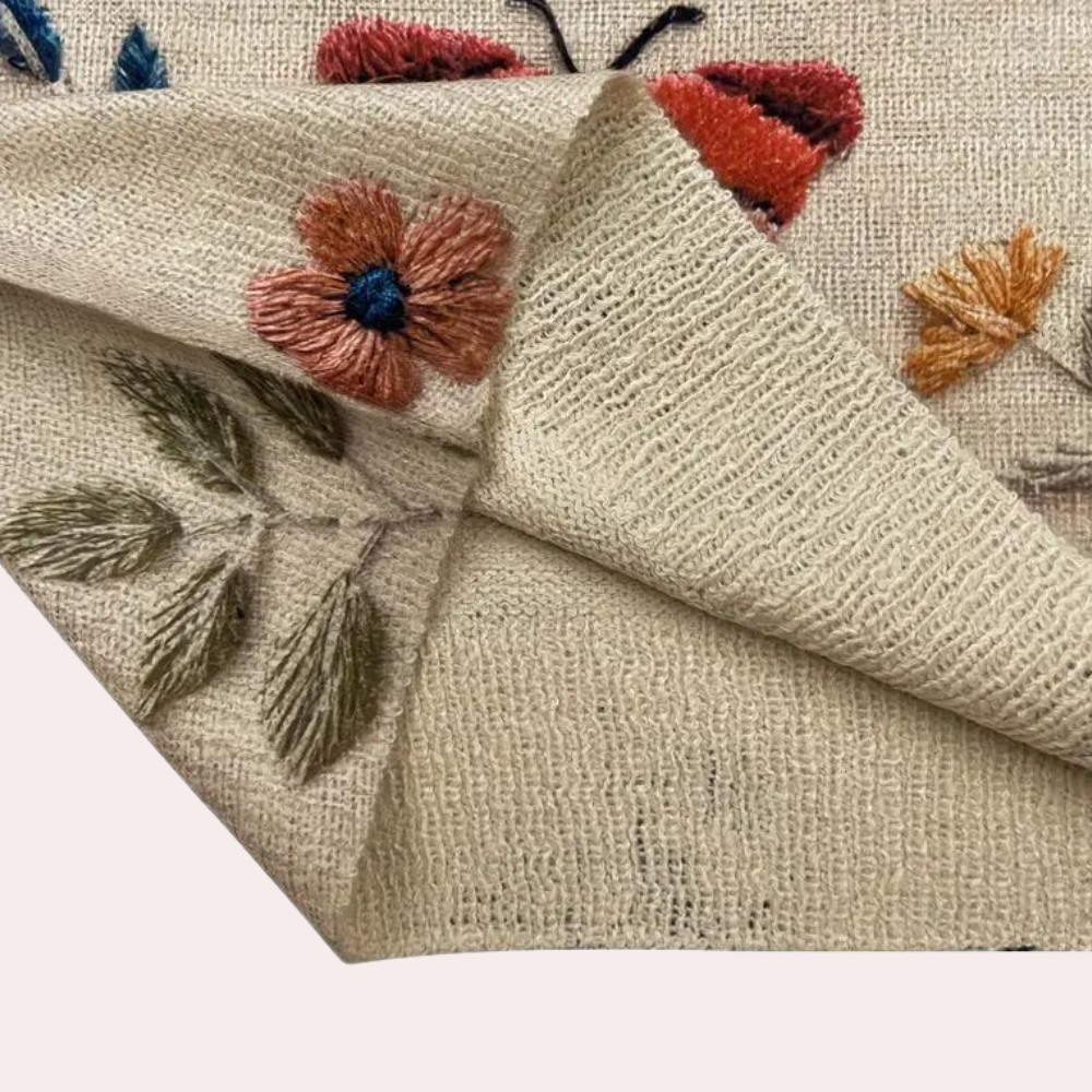 Cotton Sweater with Multi-Colored Knit Insects and Flowers