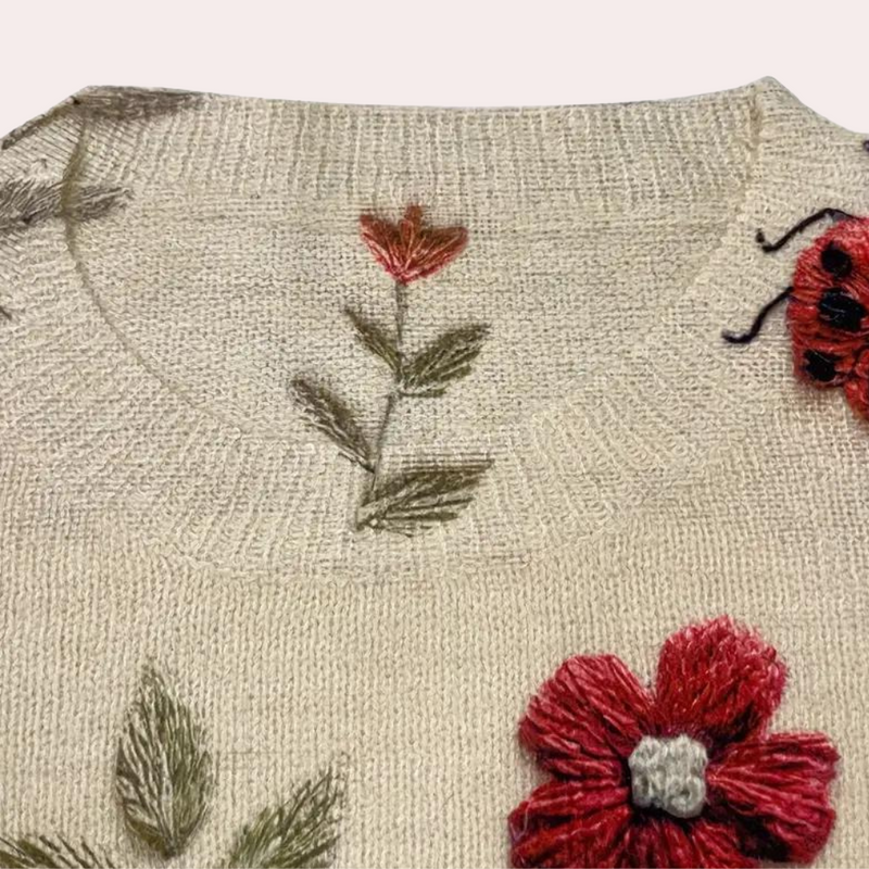 Cotton Sweater with Multi-Colored Knit Insects and Flowers