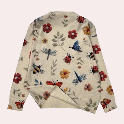 Cotton Sweater with Multi-Colored Knit Insects and Flowers