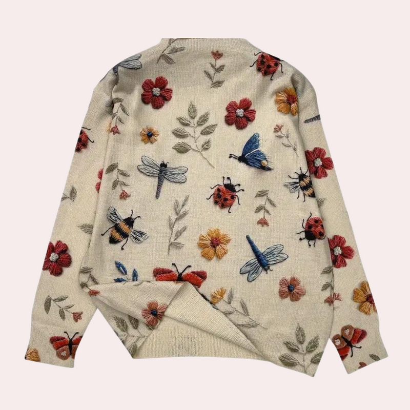 Cotton Sweater with Multi-Colored Knit Insects and Flowers