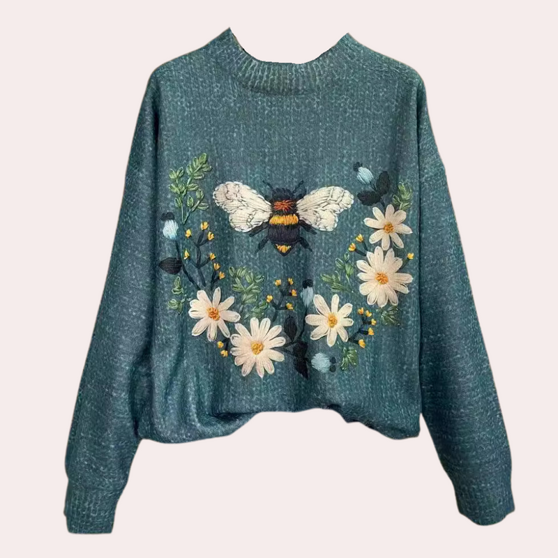 Cotton Sweater with Multi-Colored Knit Insects and Flowers