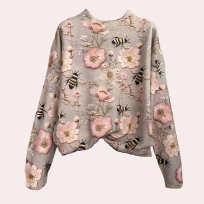 Cotton Sweater with Multi-Colored Knit Insects and Flowers